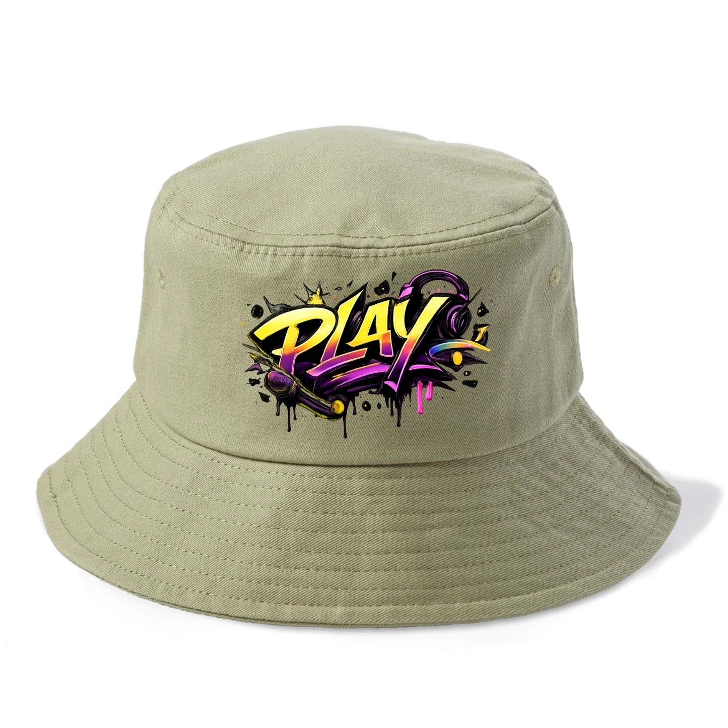 Bold typography design - "PLAY" - creative expression, musical performance - Bucket Hat - Army Green