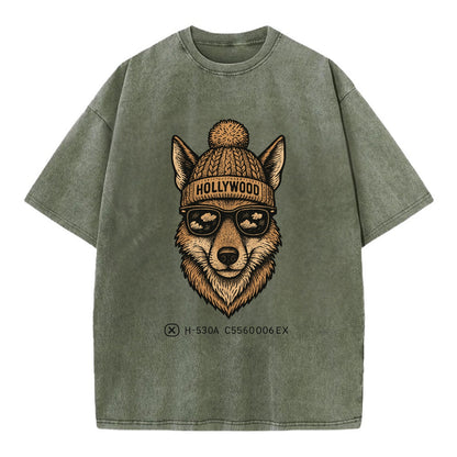 LA Coyote wearing Hollywood beanie with pom pom and wayfarer sunglasses - Vintage T-shirt - Army Green