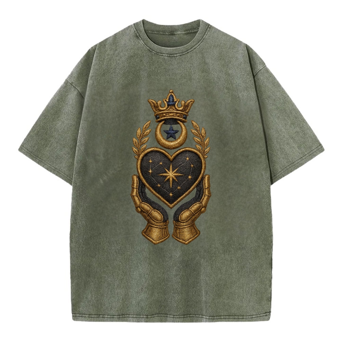 Crowned heart with Art Deco sunburst crown and geometric filigree hands cradling - Vintage T-shirt - Army Green