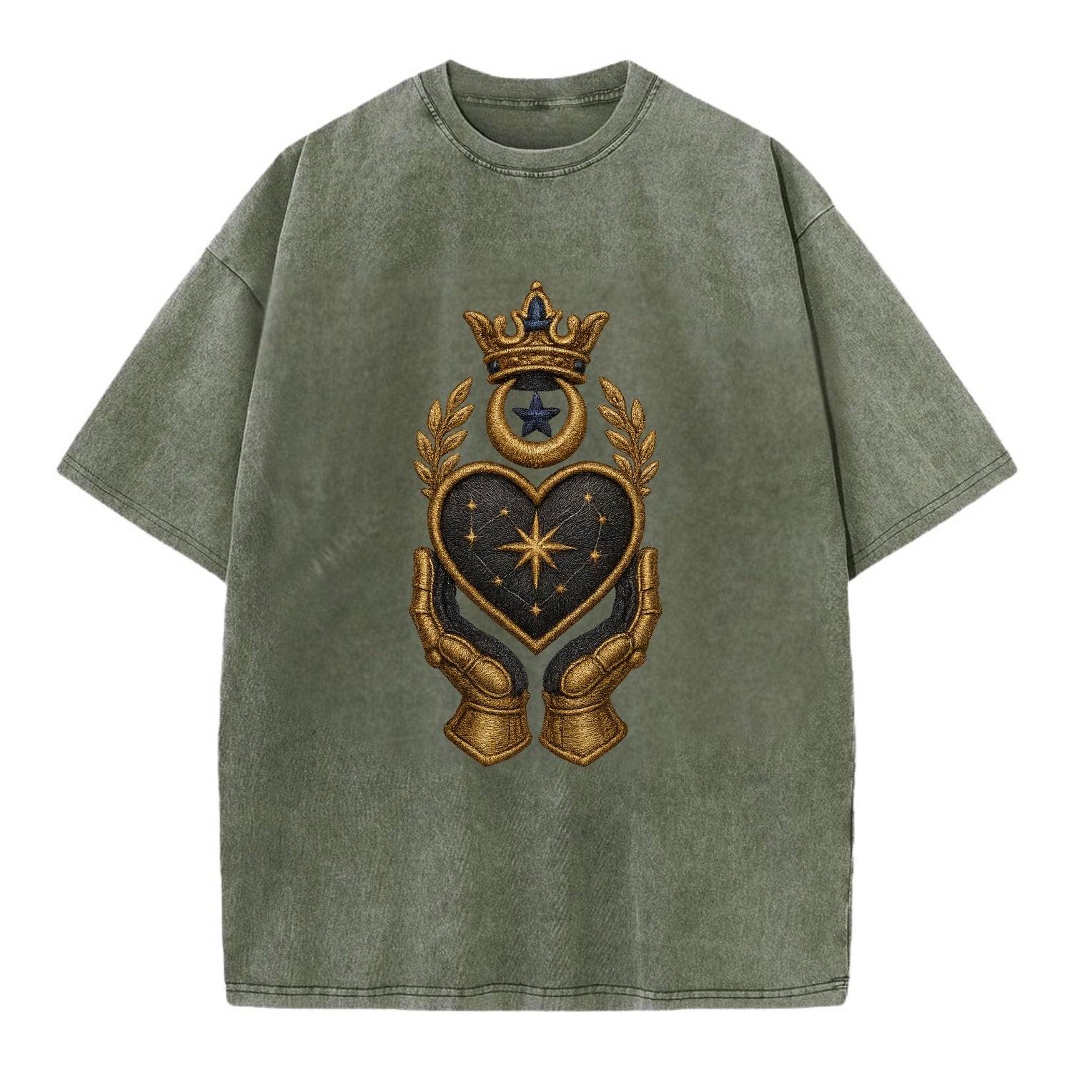 Crowned heart with Art Deco sunburst crown and geometric filigree hands cradling - Vintage T-shirt - Army Green