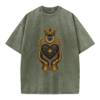 Crowned heart with Art Deco sunburst crown and geometric filigree hands cradling - Vintage T-shirt - Army Green