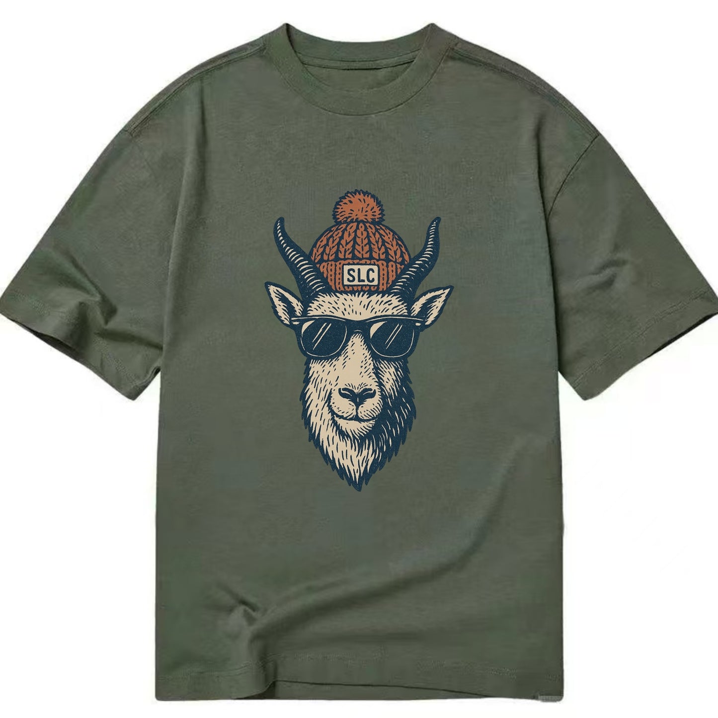 Salt Lake City Mountain Goat wearing SLC beanie with pom pom and wayfarer - Classic T-shirt - Army Green