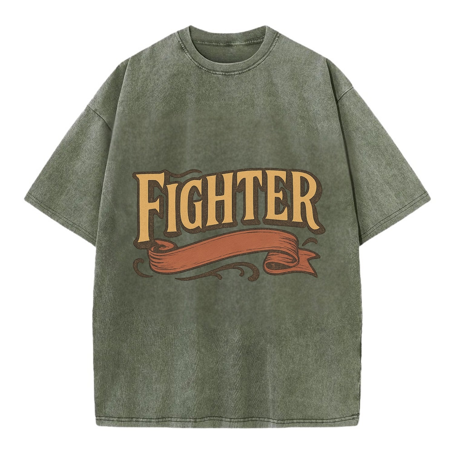 Bold typography design - "FIGHTER" - never giving up, battling on - Vintage T-shirt - Army Green