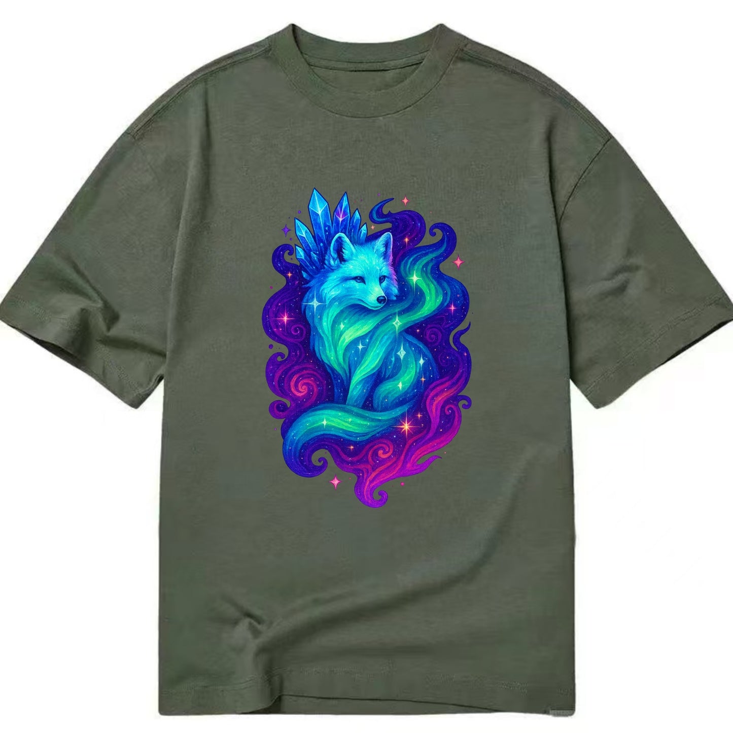 Ethereal arctic fox with fur that transforms into crystal formations, northern - Classic T-shirt - Army Green
