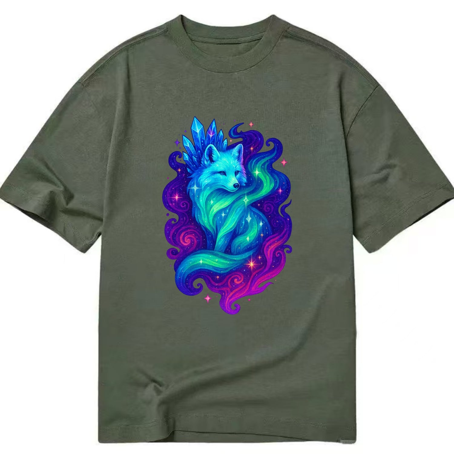 Ethereal arctic fox with fur that transforms into crystal formations, northern - Classic T-shirt - Army Green