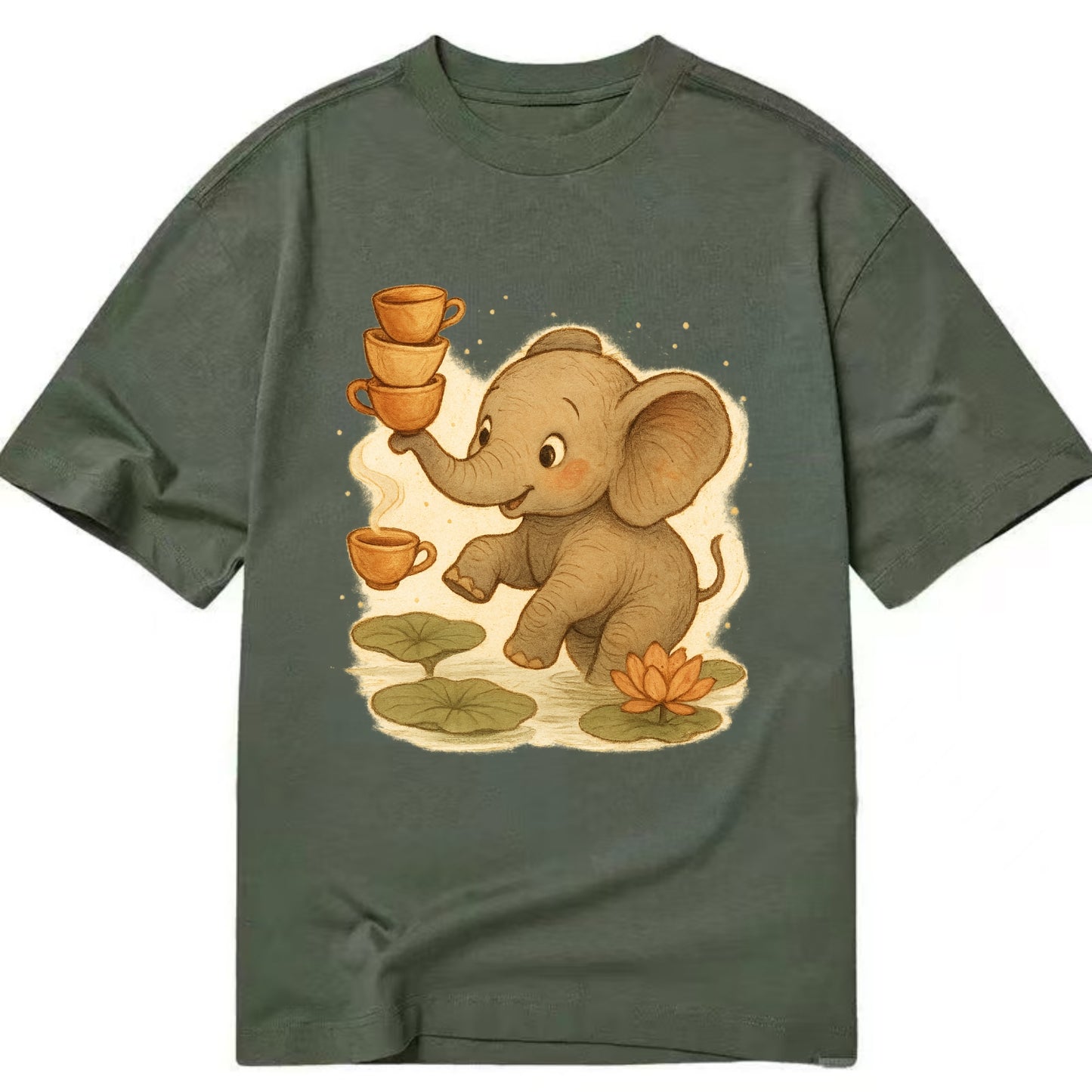 Elephant balancing teacups during a floating tea ceremony beside lotus ponds - Classic T-shirt - Army Green