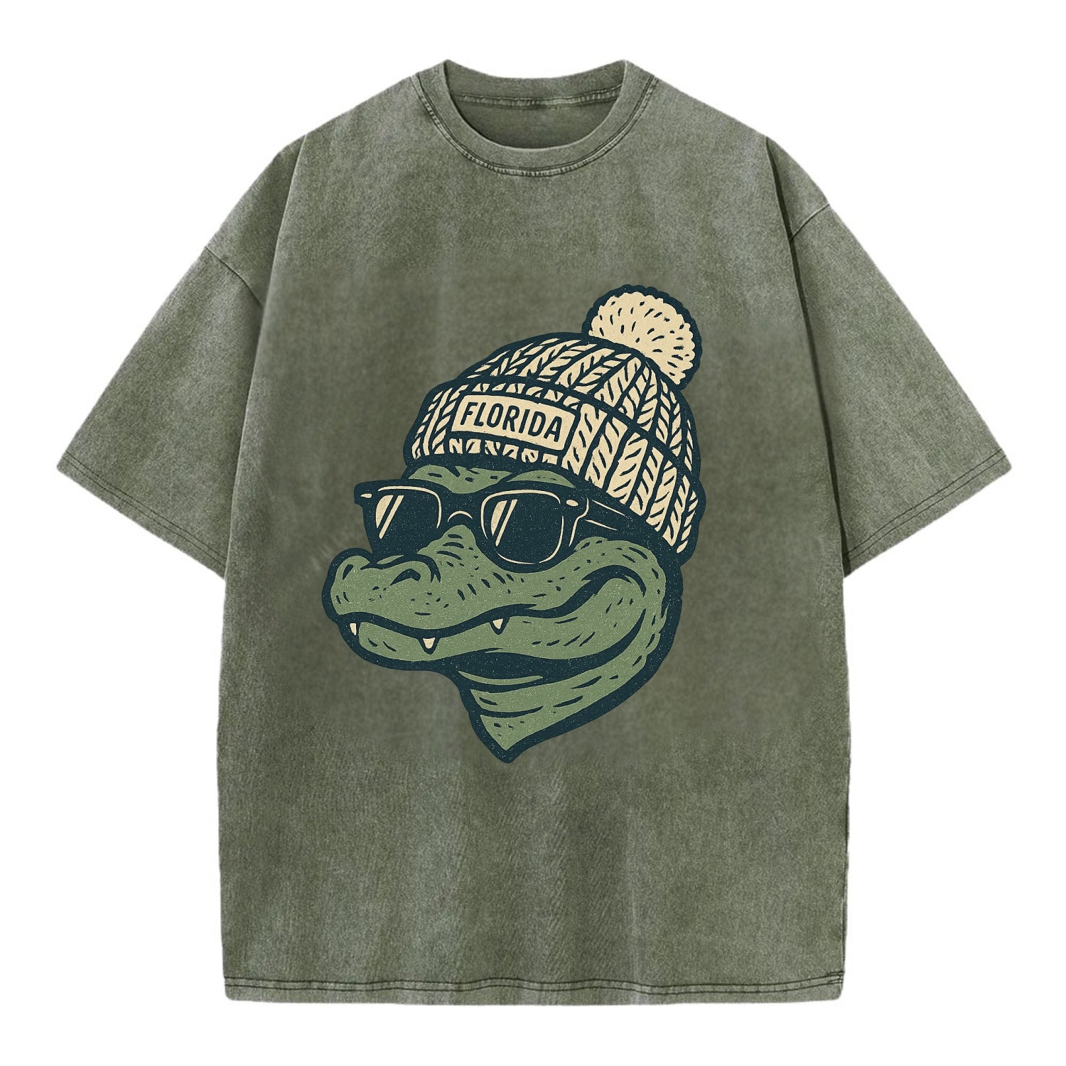 Gainesville Gator wearing Florida beanie - Vintage T-shirt - Army Green