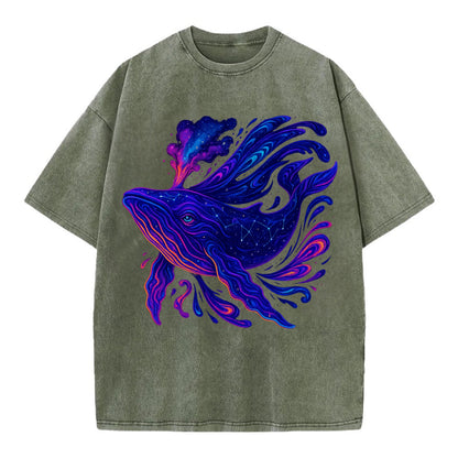 Majestic whale with body composed of galaxy clusters, stellar fins flowing like - Vintage T-shirt - Army Green