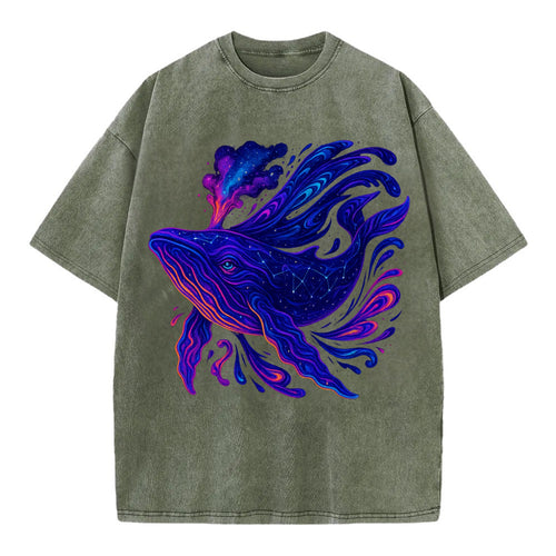 Majestic whale with body composed of galaxy clusters, stellar fins flowing like - Vintage T-shirt