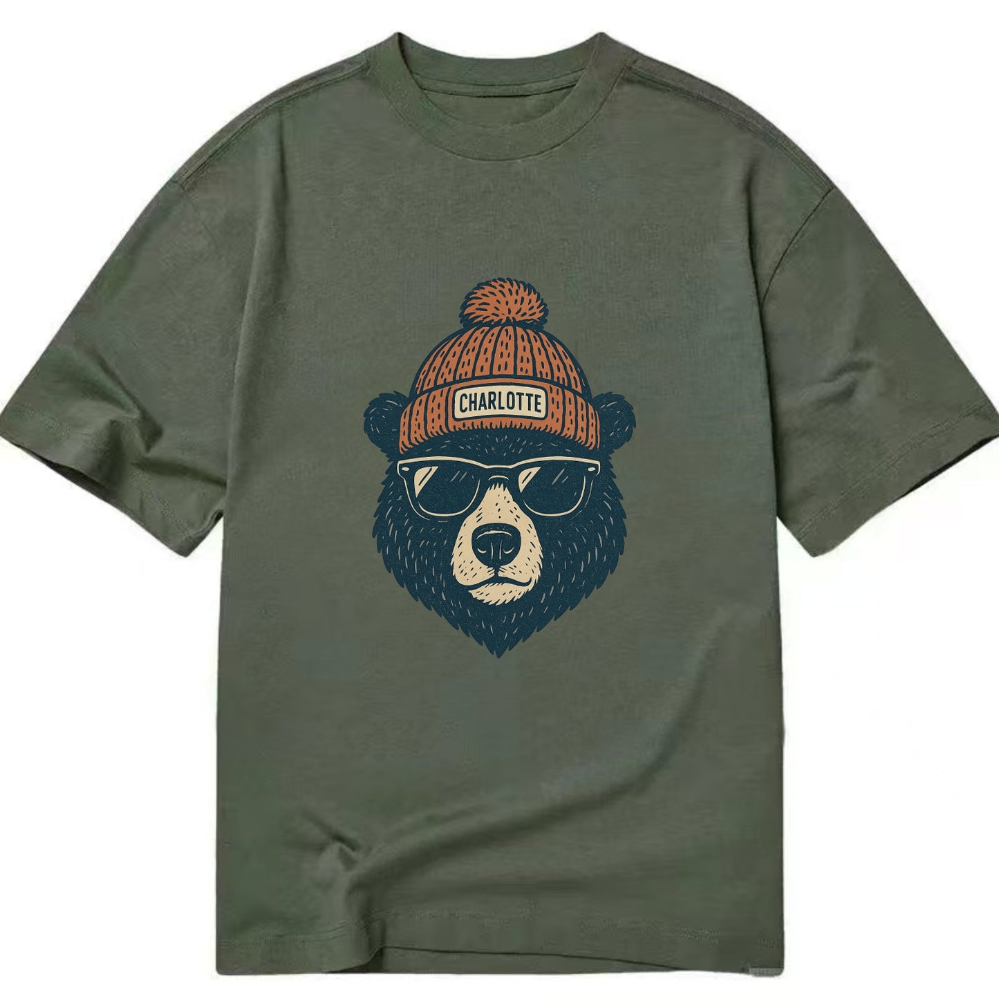 North Carolina Black Bear wearing Charlotte beanie with pom pom and wayfarer - Classic T-shirt - Army Green