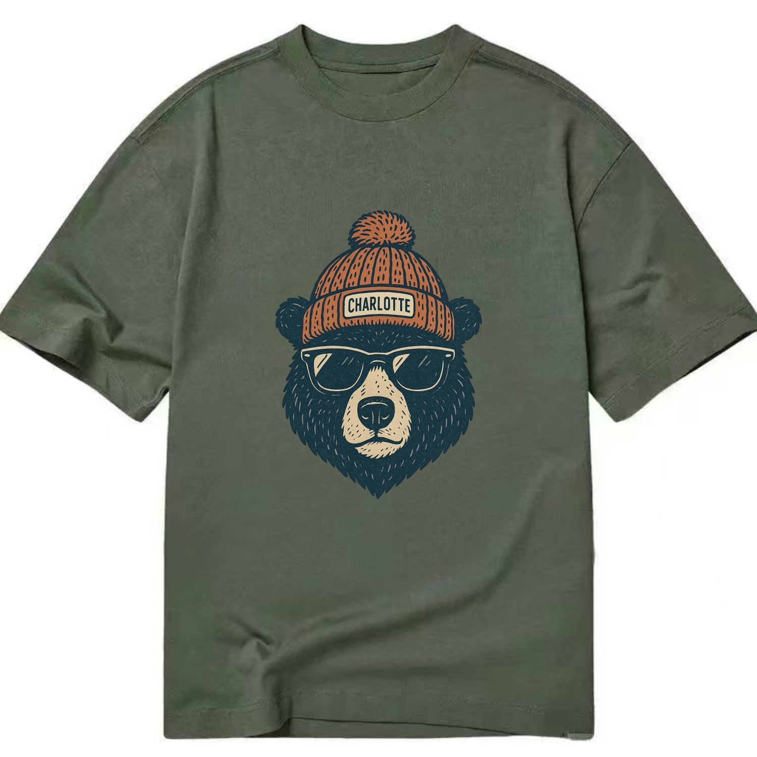North Carolina Black Bear wearing Charlotte beanie with pom pom and wayfarer - Classic T-shirt - Army Green