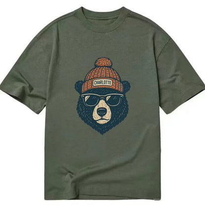 North Carolina Black Bear wearing Charlotte beanie with pom pom and wayfarer - Classic T-shirt - Army Green
