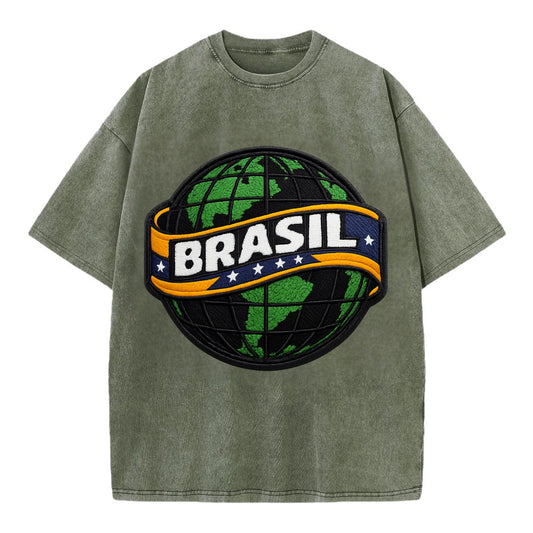 BRAZILIAN FLAG GLOBE - green globe with banner in green yellow blue , Brasil - Vintage T-shirt - Army Green