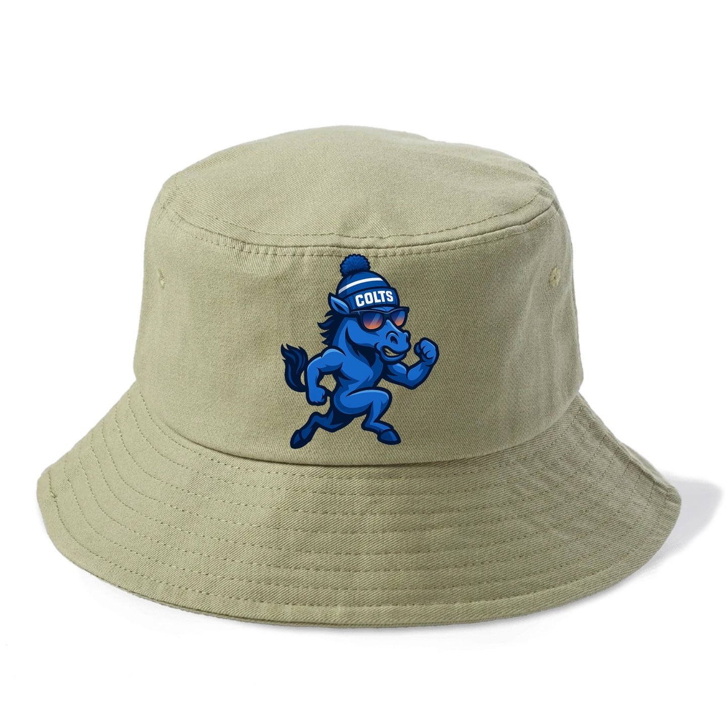 Indianapolis Colt Horse wearing Colts blue and white beanie with pom pom and wayfarer - Bucket Hat - Army Green