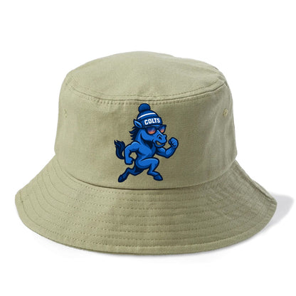 Indianapolis Colt Horse wearing Colts blue and white beanie with pom pom and wayfarer - Bucket Hat - Army Green