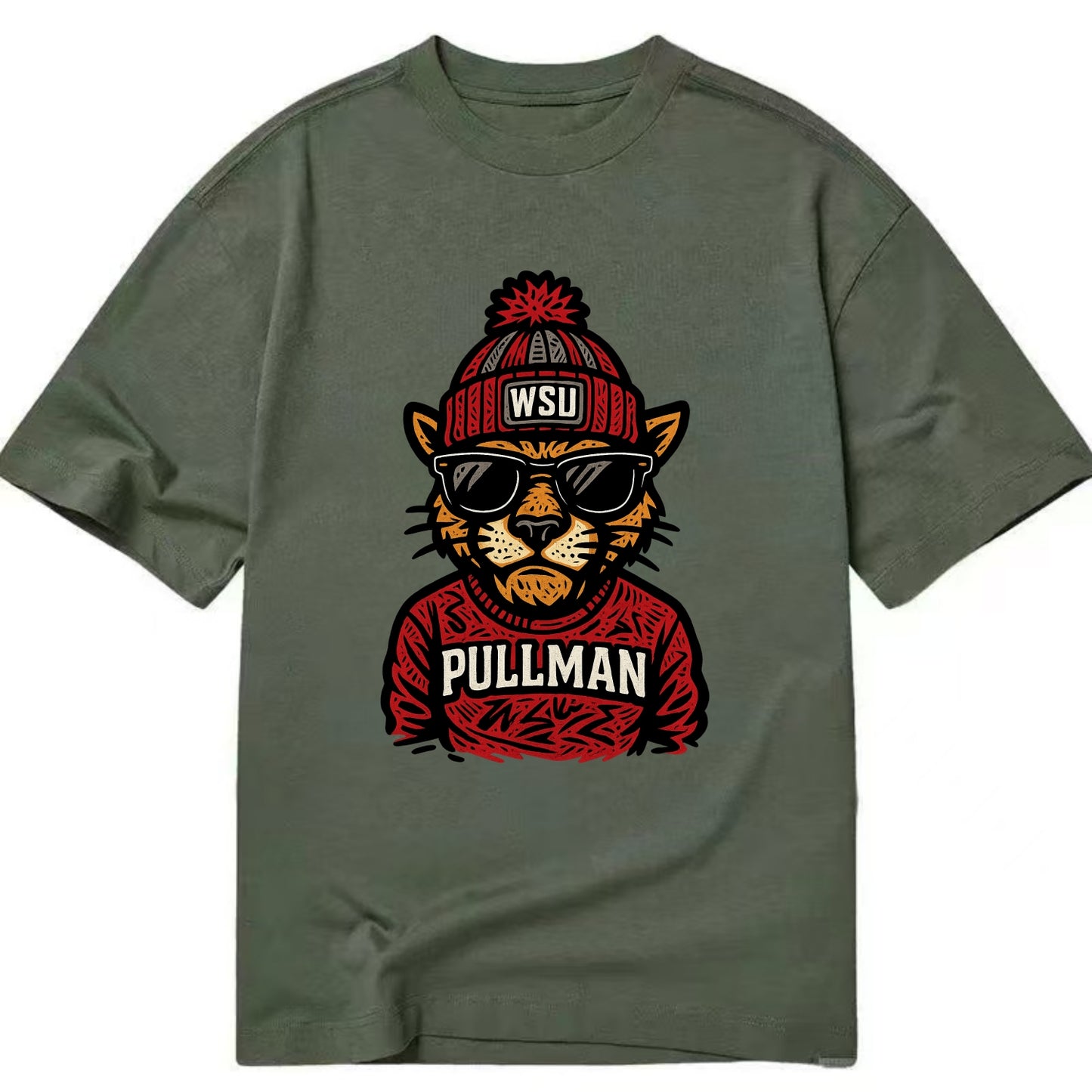 Pullman Cougar wearing Washington State beanie with WSU patch - Classic T-shirt - Army Green