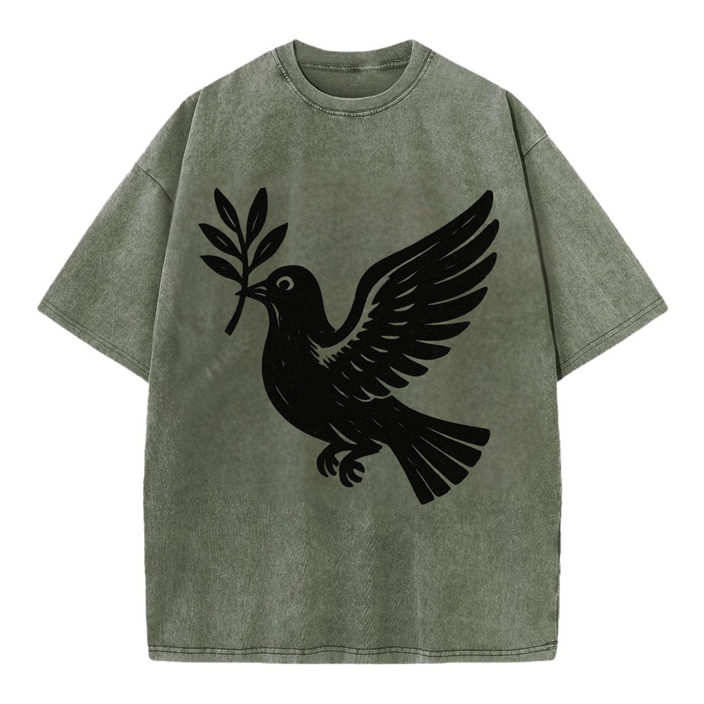 Dove carrying olive branch - peace movement ink painting - Vintage T-shirt - Army Green