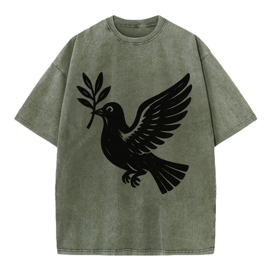 Dove carrying olive branch - peace movement ink painting - Vintage T-shirt - Army Green