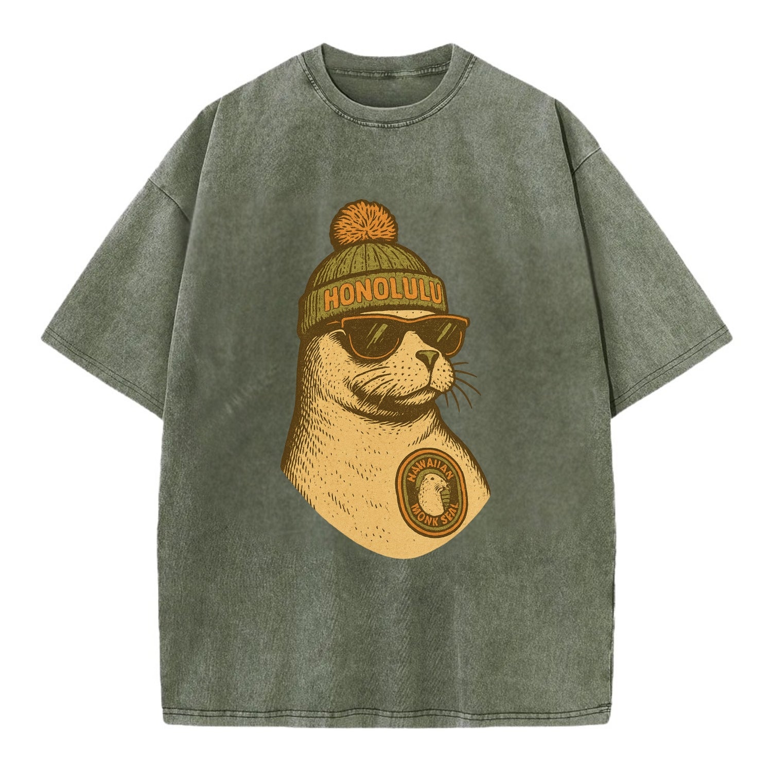 Hawaii Monk Seal wearing Honolulu beanie with pom pom and wayfarer sunglasses - Vintage T-shirt - Army Green