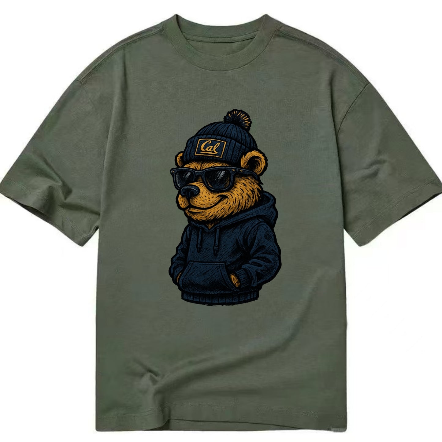 Berkeley Bear wearing Cal beanie with script patch - Classic T-shirt - Army Green