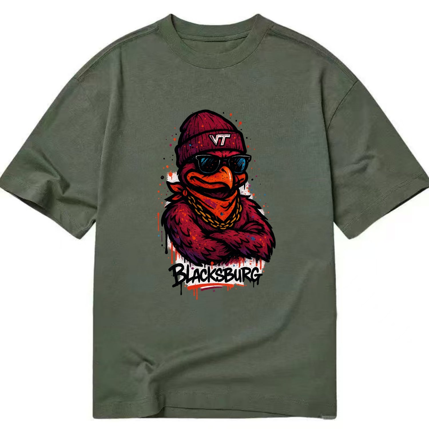 Blacksburg HokieBird wearing Virginia Tech beanie with VT patch - Classic T-shirt - Army Green
