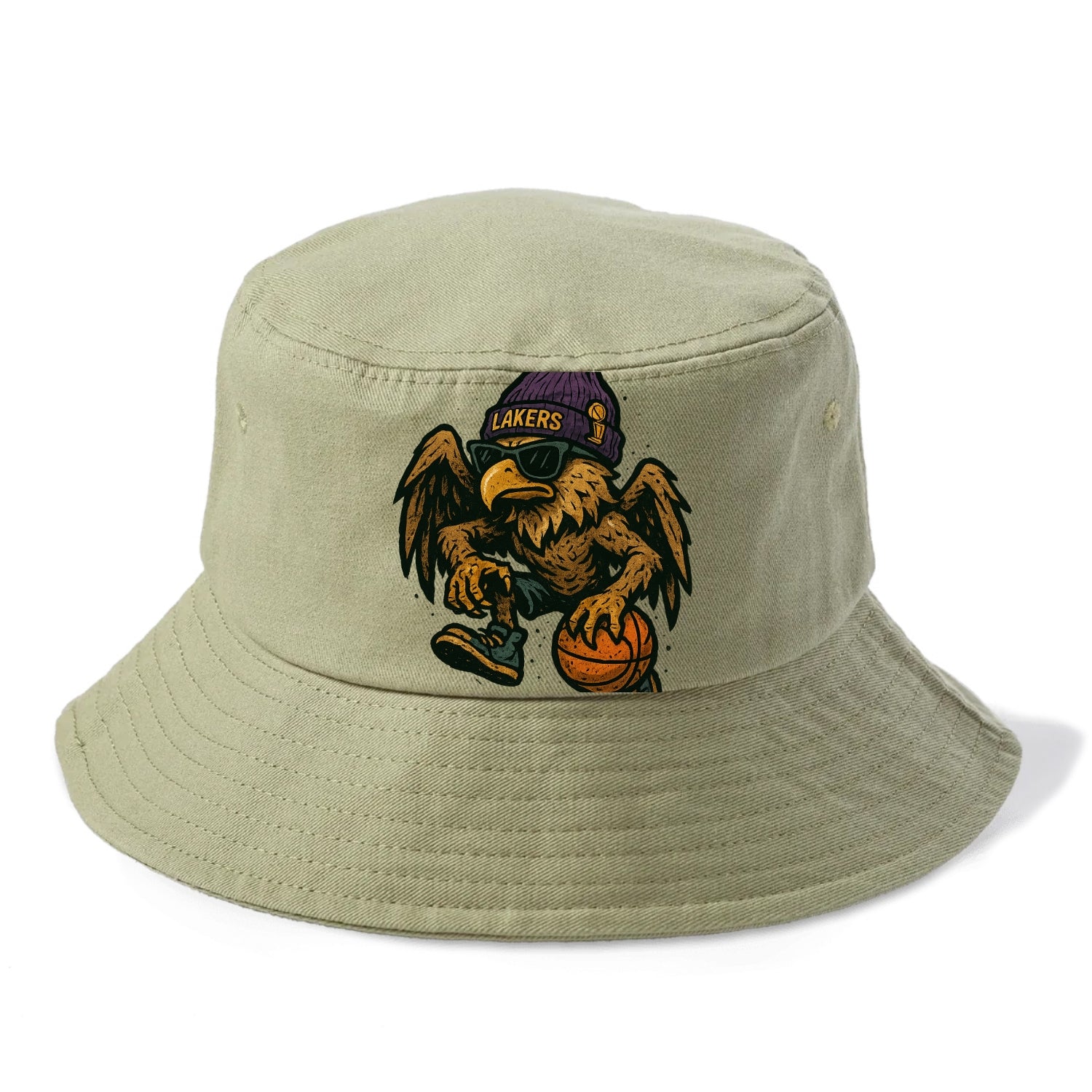 Los Angeles Golden Eagle wearing Lakers beanie with trophy patch and wayfarer - Bucket Hat - Army Green