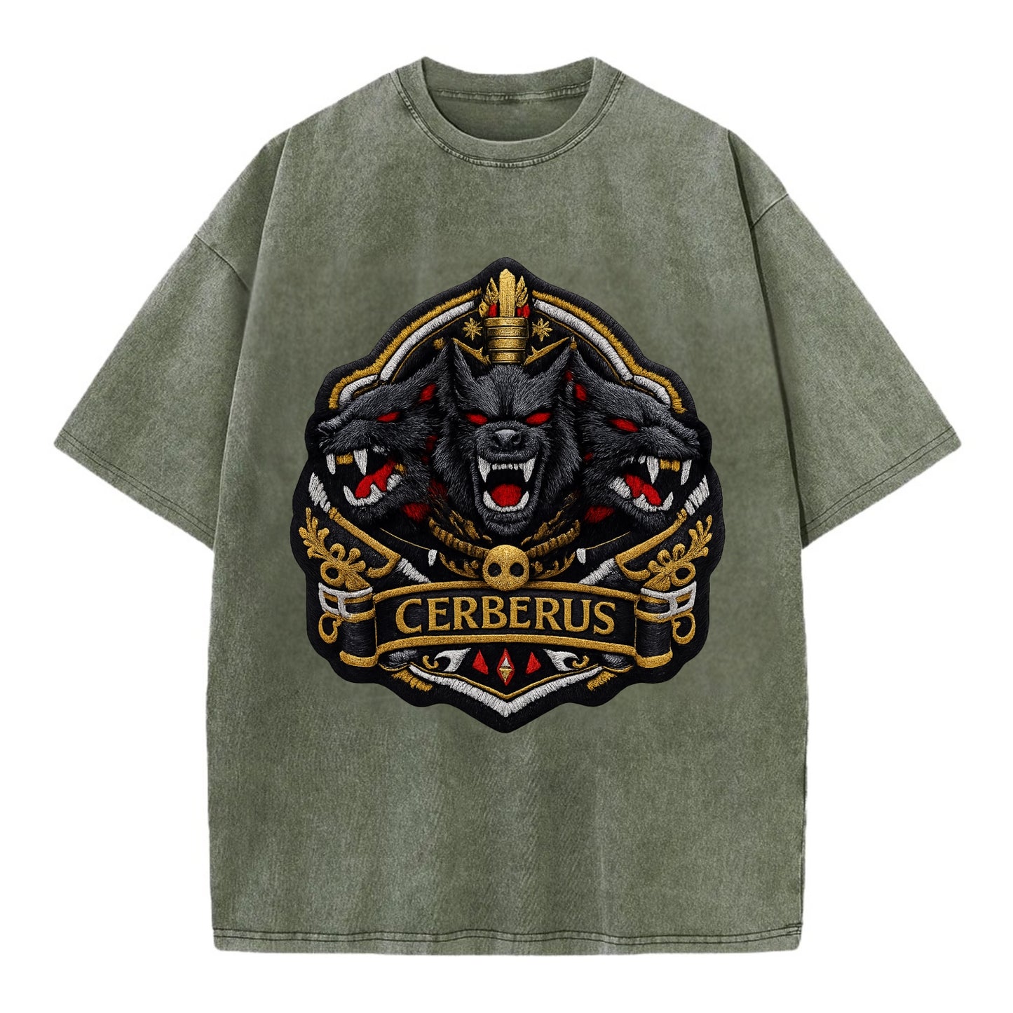 CERBERUS THREE HEADS - triple hound in black and red , underworld - Vintage T-shirt - Army Green