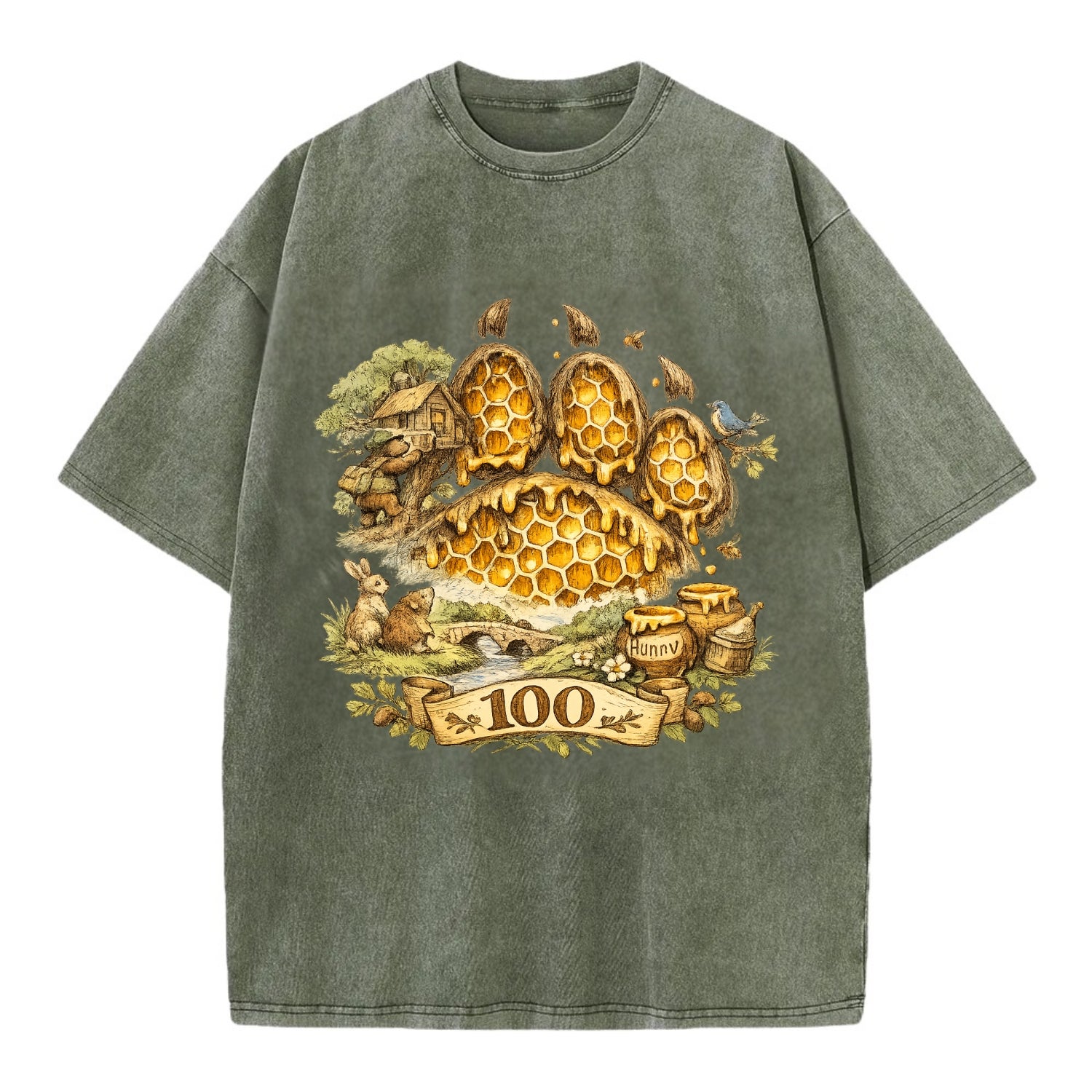 HONEY PAW | Bear paw print filled with honeycomb | Sticky evidence | Forest - Vintage T-shirt - Army Green