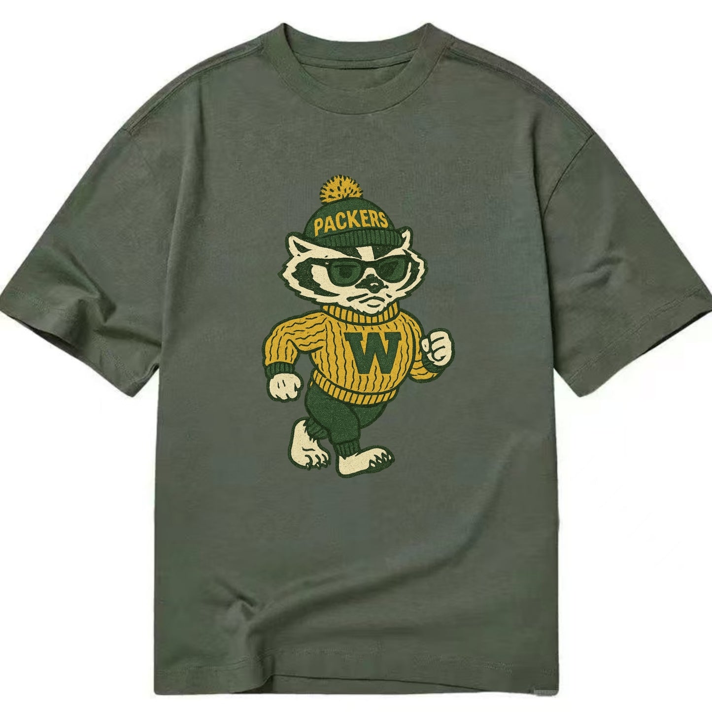 Wisconsin Badger wearing Packers green and gold beanie with pom pom and wayfarer - Classic T-shirt - Army Green