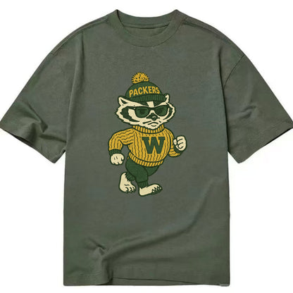 Wisconsin Badger wearing Packers green and gold beanie with pom pom and wayfarer - Classic T-shirt - Army Green