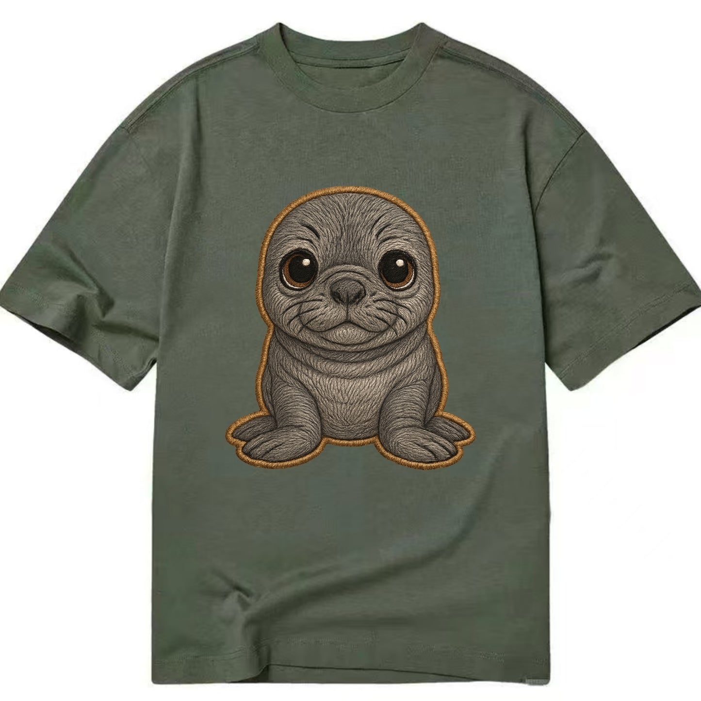 Baby Elephant Seal - gray wrinkly, tiny trunk nose, big dark eyes, front-facing, - Classic T-shirt - Army Green