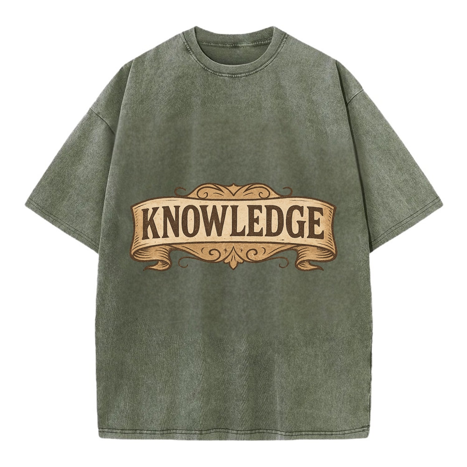 Bold typography design - "KNOWLEDGE" - learning, understanding - Vintage T-shirt - Army Green