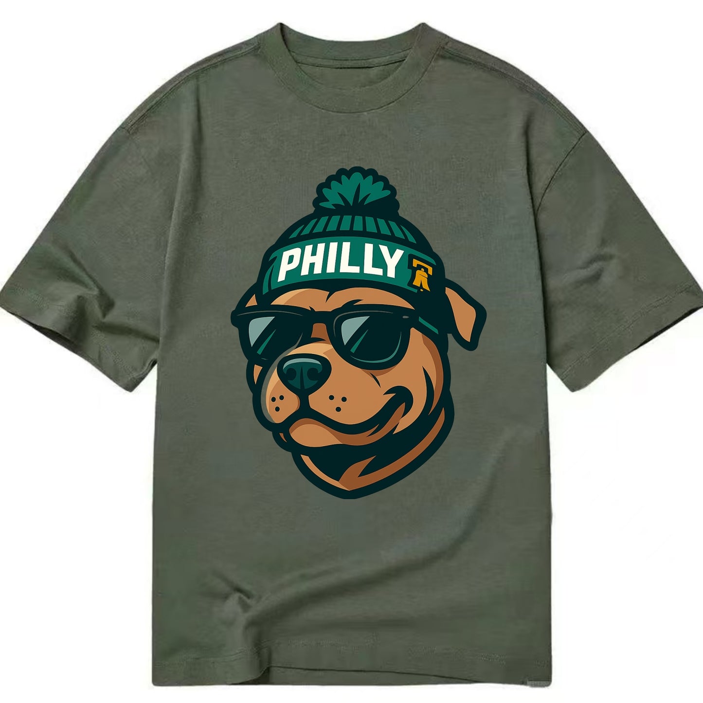Philly Pitbull wearing Eagles beanie with Liberty Bell patch and wayfarer - Classic T-shirt - Army Green