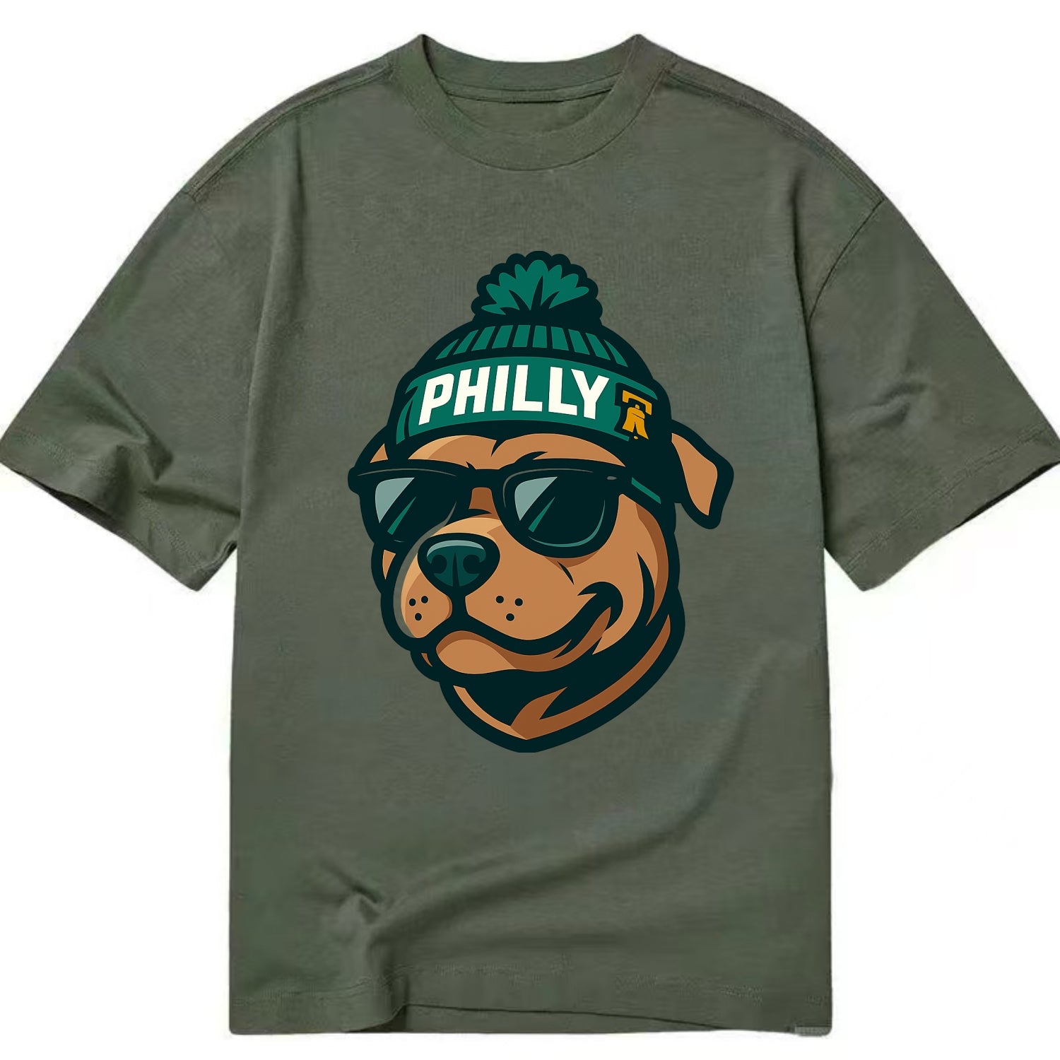 Philly Pitbull wearing Eagles beanie with Liberty Bell patch and wayfarer - Classic T-shirt - Army Green