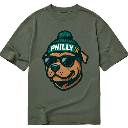 Philly Pitbull wearing Eagles beanie with Liberty Bell patch and wayfarer - Classic T-shirt - Army Green