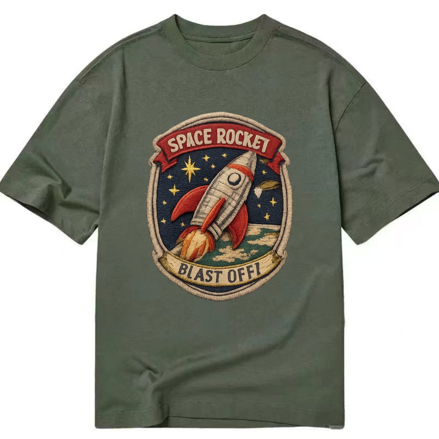 RETRO ROCKET - 1950s space rocket in silver and red , atomic age - Classic T-shirt - Army Green