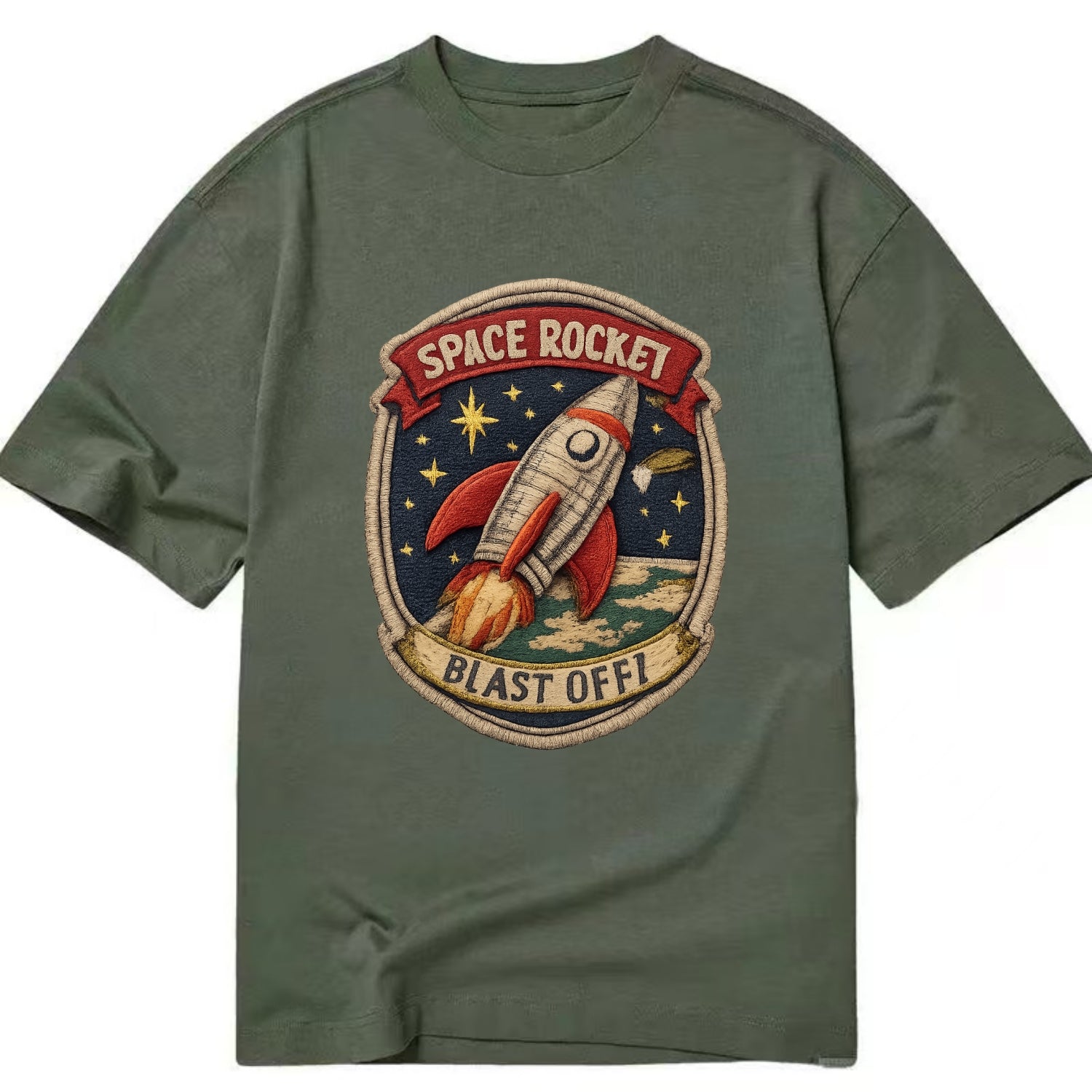RETRO ROCKET - 1950s space rocket in silver and red , atomic age - Classic T-shirt - Army Green