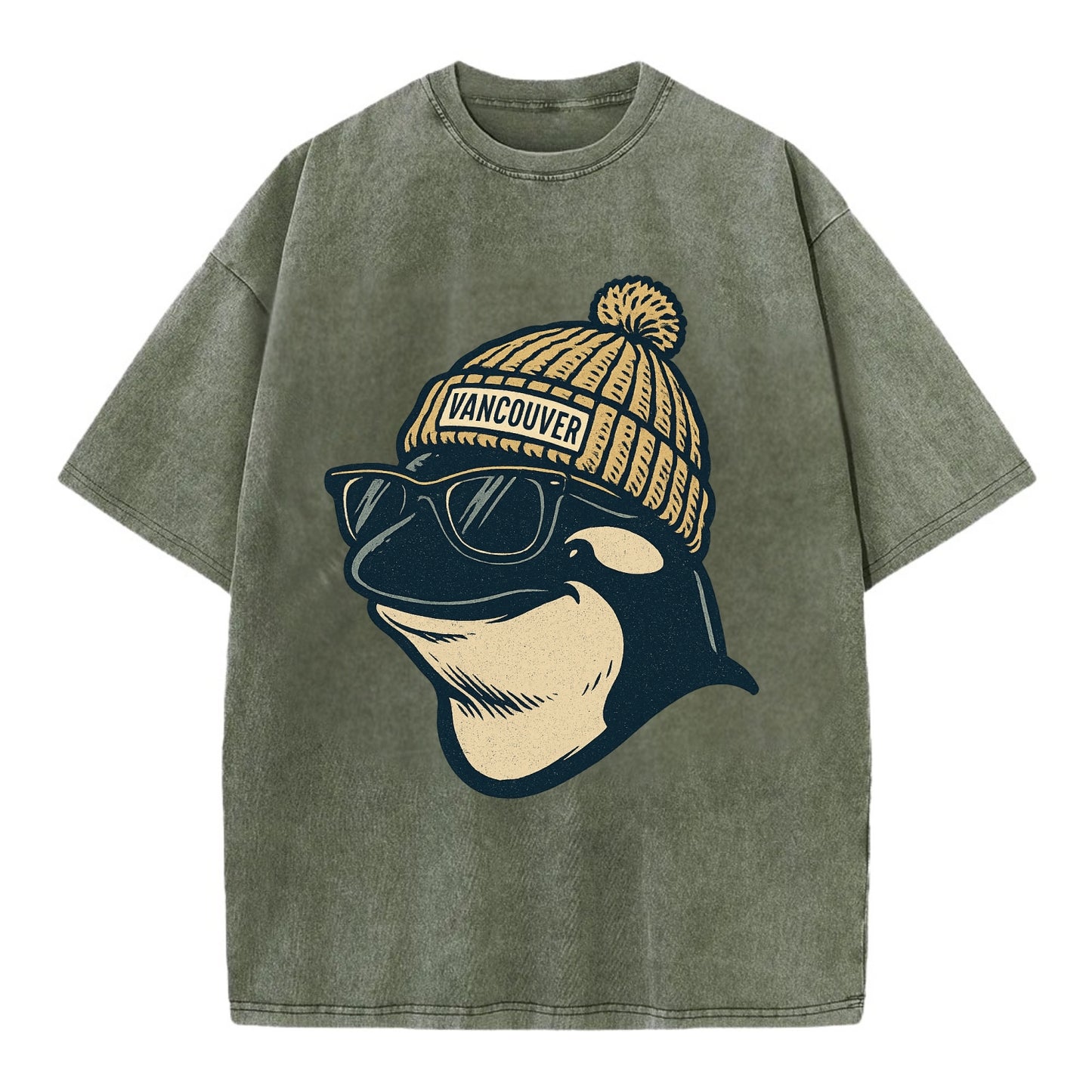 Vancouver Orca wearing Vancouver beanie - Vintage T-shirt - Army Green