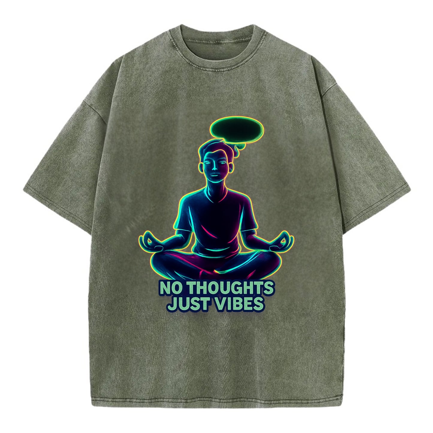 Peaceful floating figure with empty thought bubble - "no thoughts just vibes" zen - Vintage T-shirt - Army Green