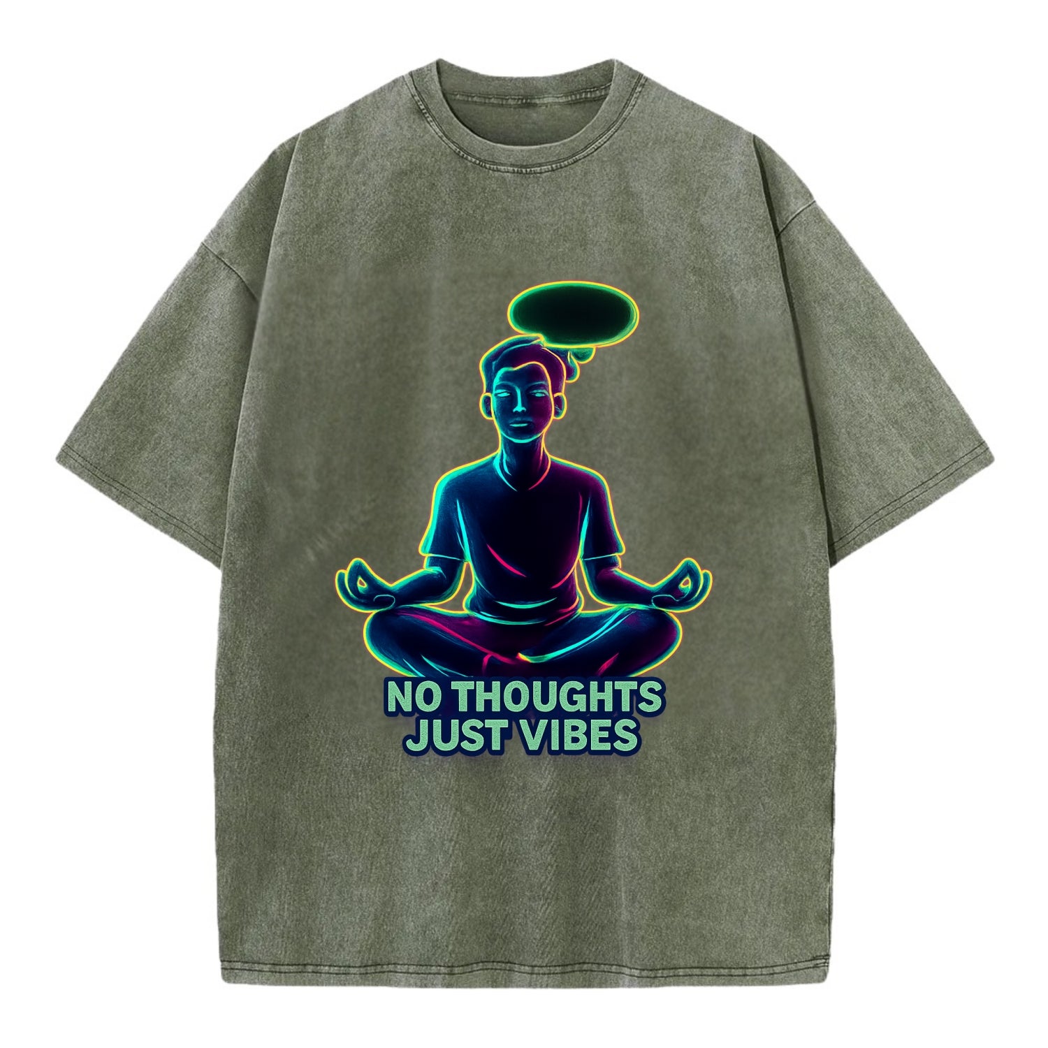 Peaceful floating figure with empty thought bubble - "no thoughts just vibes" zen - Vintage T-shirt - Army Green