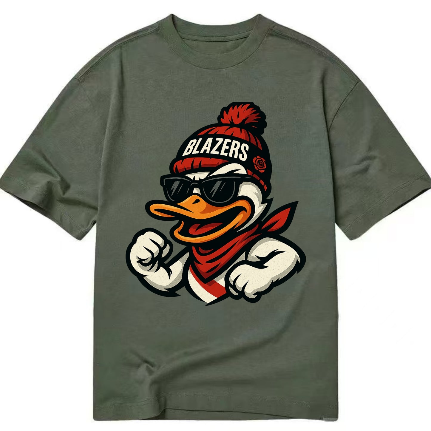 Oregon Duck wearing Trail Blazers beanie with rose patch and wayfarer sunglasses - Classic T-shirt - Army Green