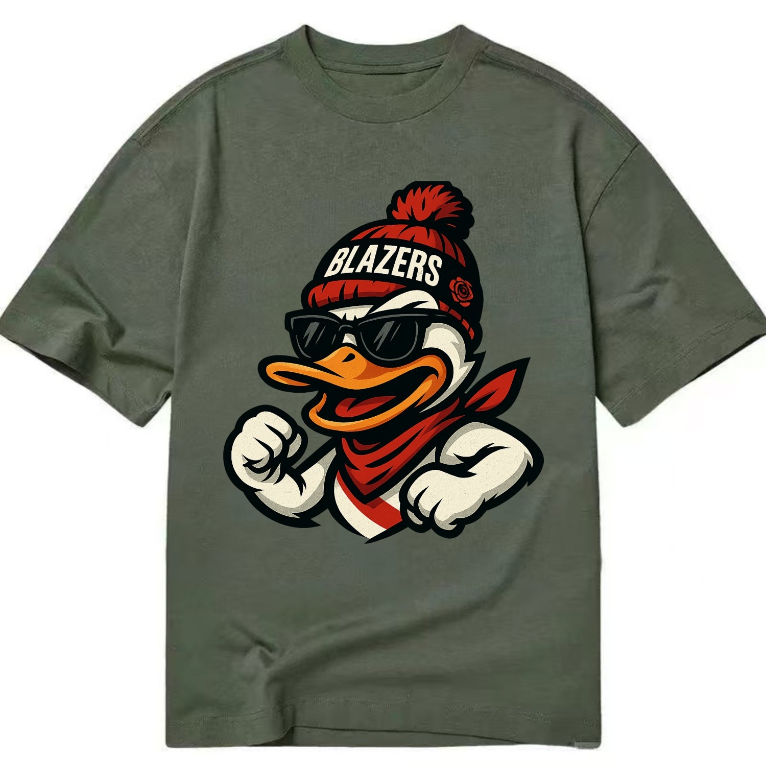 Oregon Duck wearing Trail Blazers beanie with rose patch and wayfarer sunglasses - Classic T-shirt - Army Green