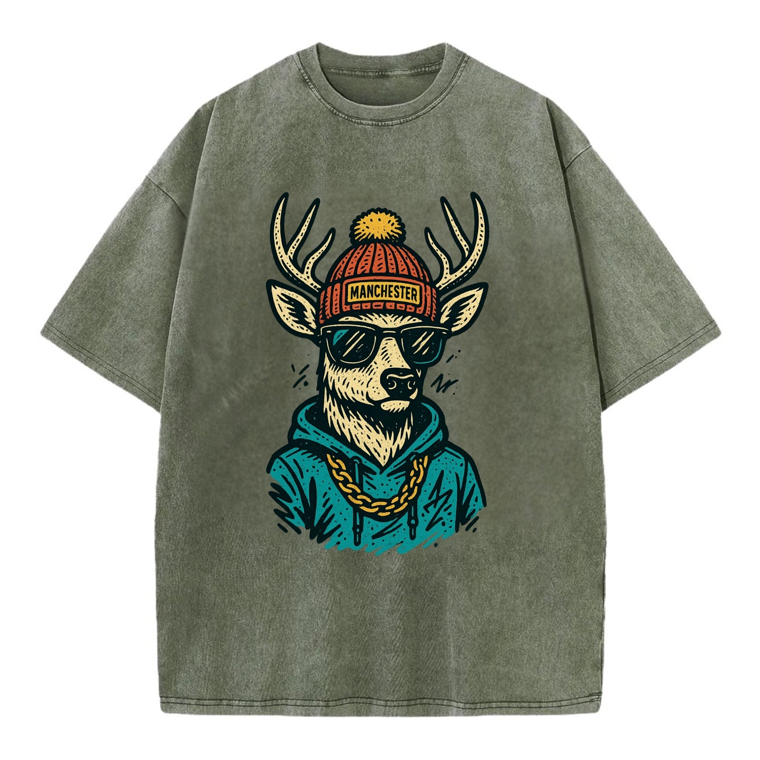 New Hampshire White-tailed Deer wearing Manchester beanie with pom pom and - Vintage T-shirt - Army Green