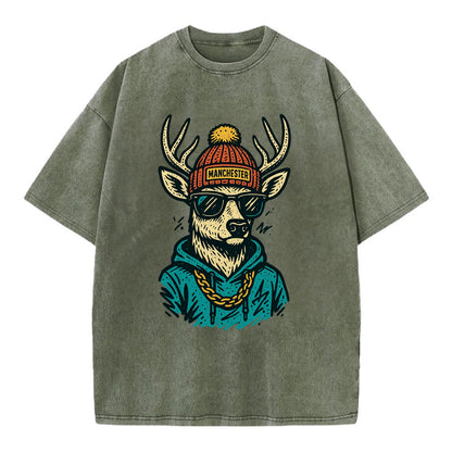 New Hampshire White-tailed Deer wearing Manchester beanie with pom pom and - Vintage T-shirt - Army Green