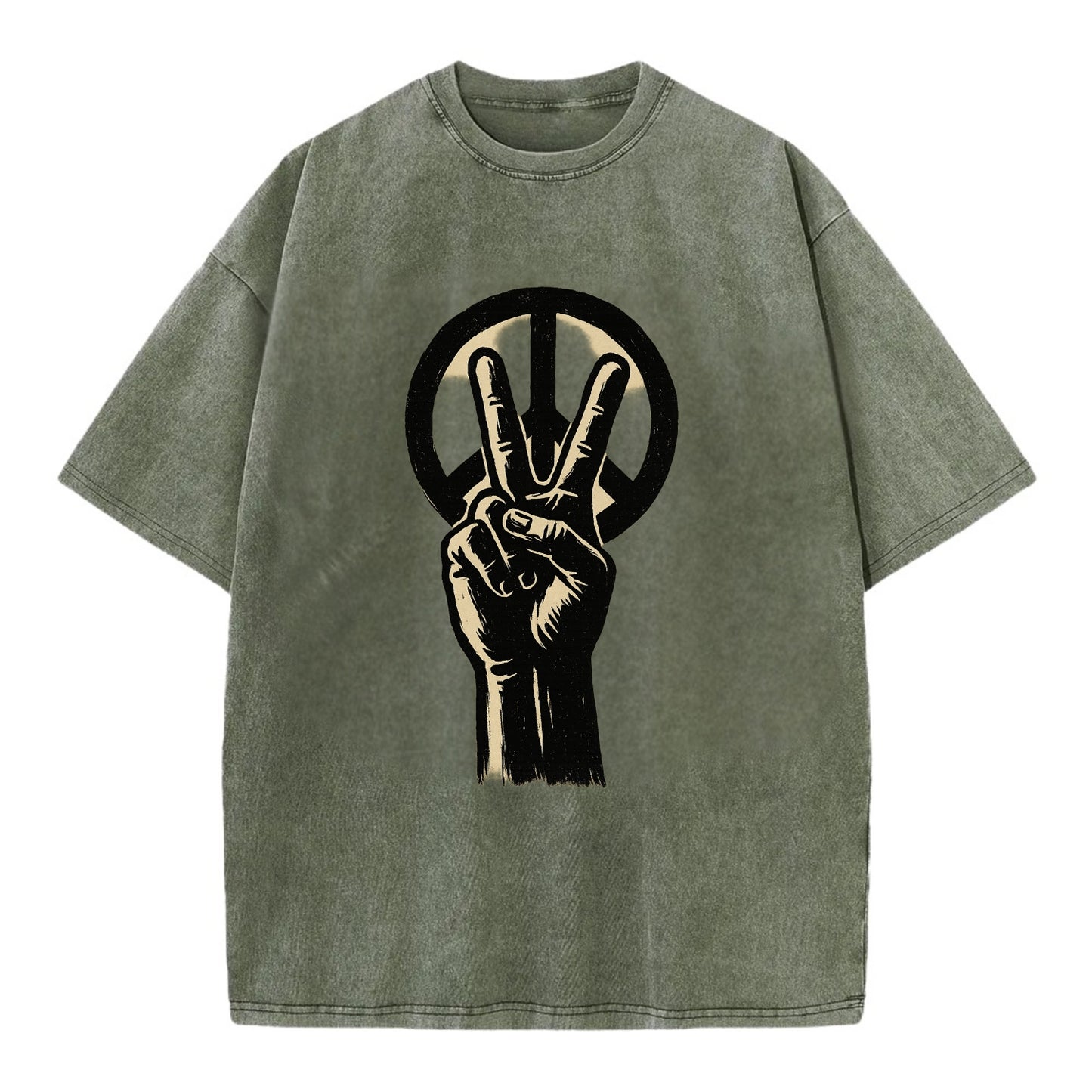 Peace sign hand gesture - anti-war movement ink brushstrokes - Vintage T-shirt - Army Green