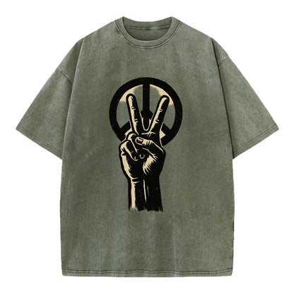 Peace sign hand gesture - anti-war movement ink brushstrokes - Vintage T-shirt - Army Green