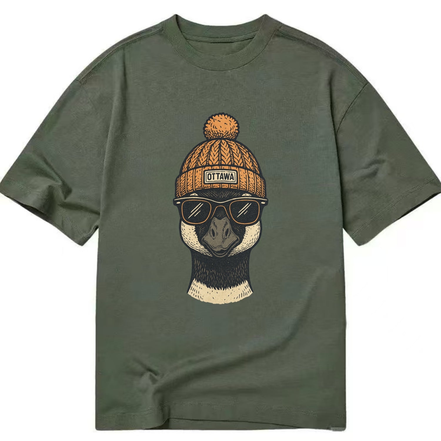 Ottawa Canadian Goose wearing Ottawa beanie with pom pom and wayfarer sunglasses - Classic T-shirt - Army Green