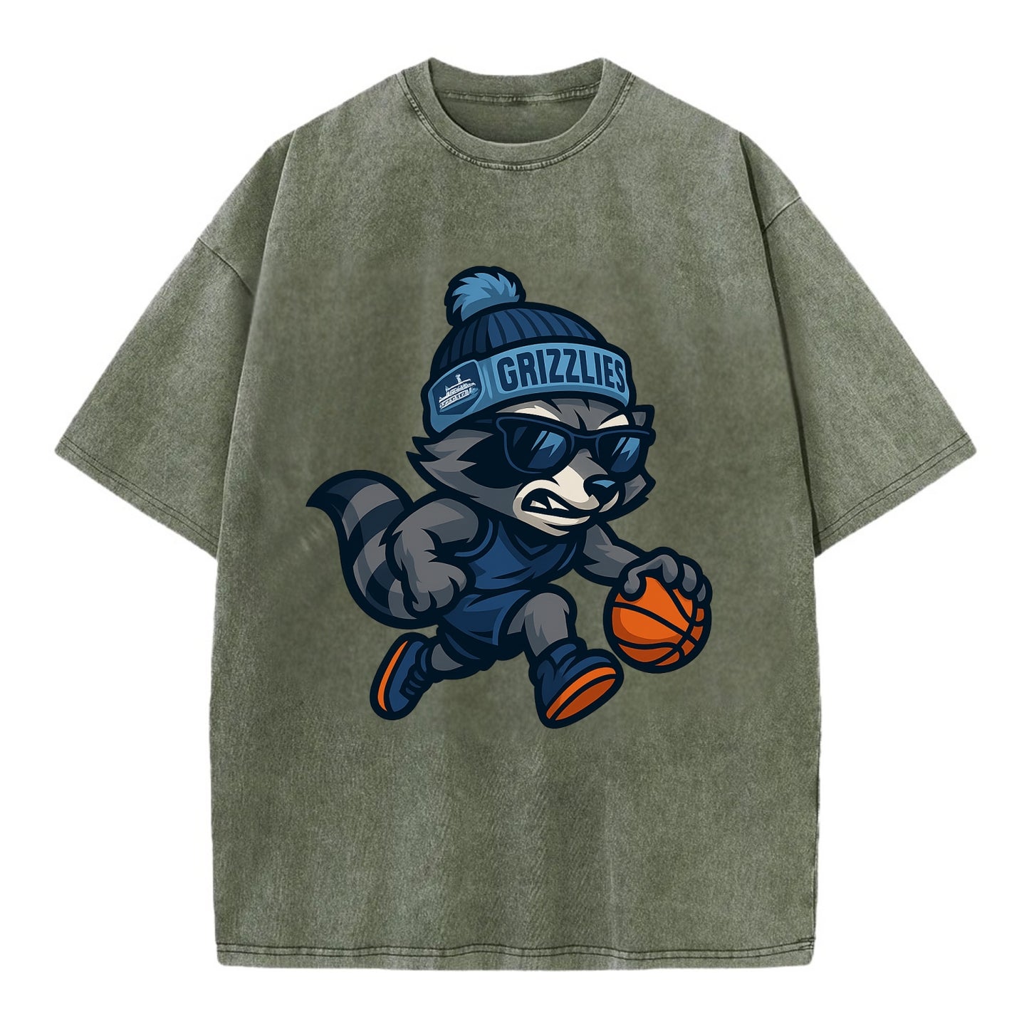 Memphis Raccoon wearing Grizzlies beanie with riverboat patch and wayfarer - Vintage T-shirt - Army Green