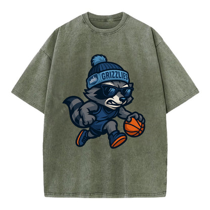 Memphis Raccoon wearing Grizzlies beanie with riverboat patch and wayfarer - Vintage T-shirt - Army Green