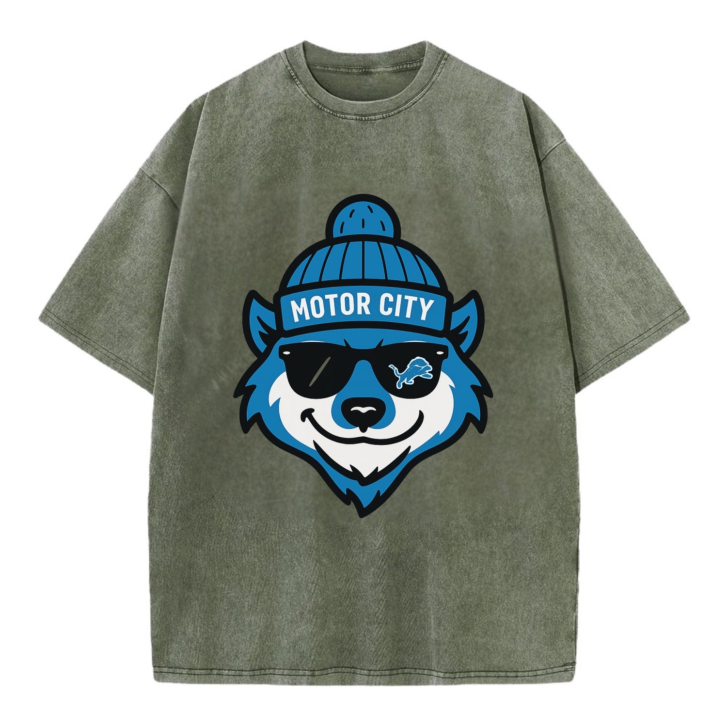 Motor City Wolverine wearing Lions beanie with gear patch and wayfarer sunglasses - Vintage T-shirt - Army Green